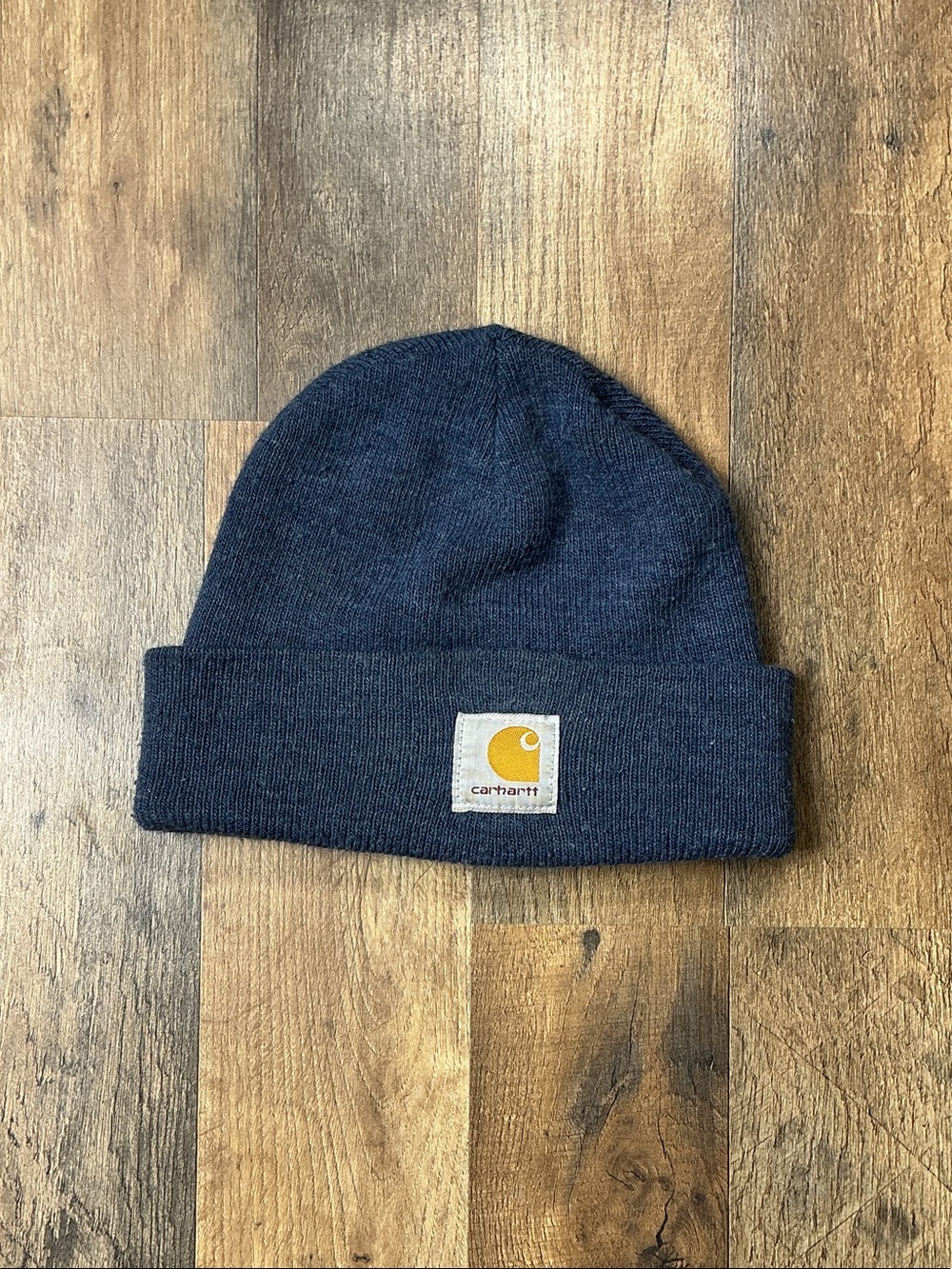 Carhartt Navy Ribbed Cuffed Beanie with Gold Logo Patch